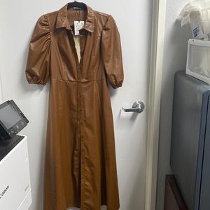 NWT Faux Leather Zara Mini Polyester Coat Brown Puff Sleeves Small Side Pockets